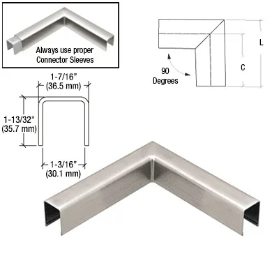 316 Brushed Stainless L10 Series U-Channel 90 Degree Horizontal Corner for Glass Cap Railing