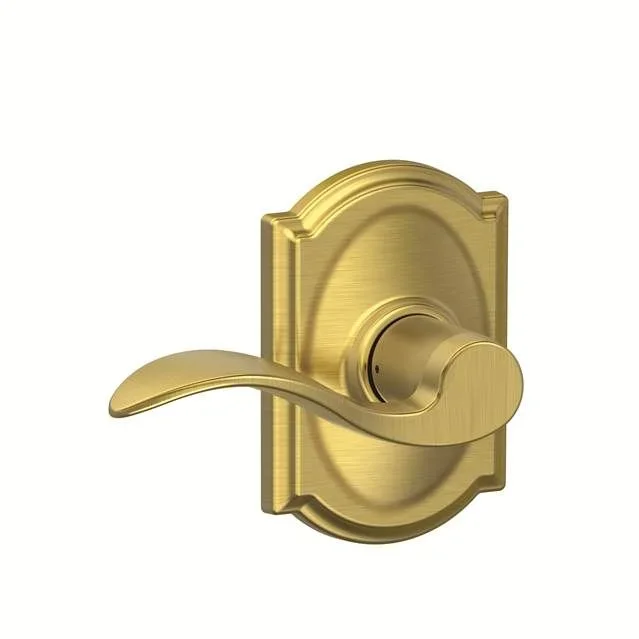Accent Lever with Camelot Rose Passage Lock – Satin Brass Finish
