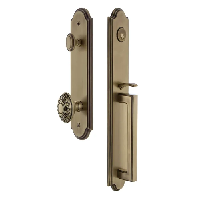Arc One-Piece Handleset with D Grip and Grande Victorian Knob – Vintage Brass