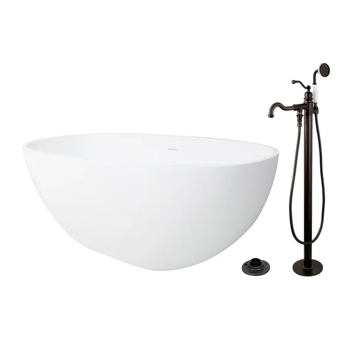 Arcticstone 65-Inch Solid Surface Oval Double Ended Freestanding Tub with Faucet Combo