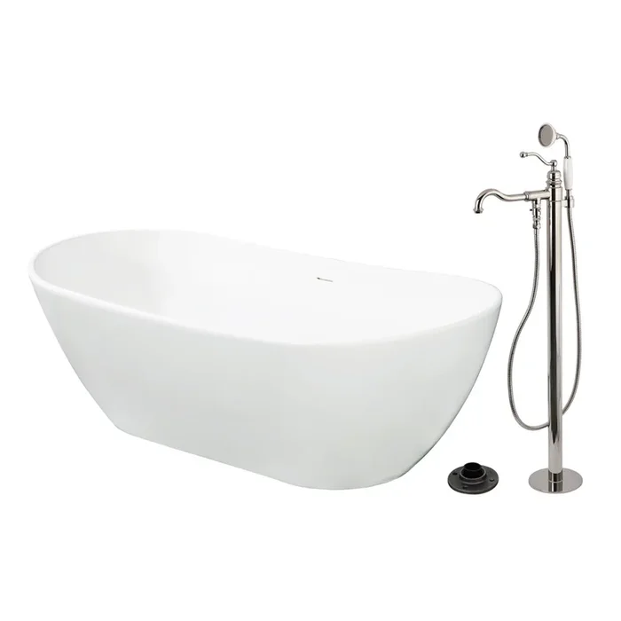 Arcticstone 72-Inch Solid Surface Oval Double Ended Freestanding Tub with Faucet Combo – Polished Nickel