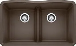 Blanco Diamond 32″ x 19-1/4″ x 9-1/2″ Undermount Equal Double Low Divide Bowl, Cafe Brown Silgranit Kitchen Sink
