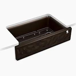 Cairn 34″ undermount single-bowl farmhouse kitchen sink with faceted design in Matte Brown