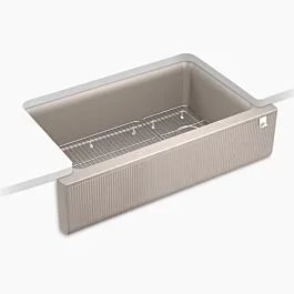Cairn 34″ undermount single-bowl farmhouse kitchen sink with fluted design in Matte Taupe