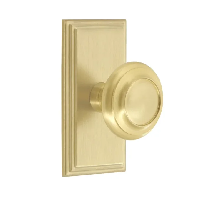 Carr Short Plate with Circulaire Knob – Satin Brass Double Dummy Door Hardware