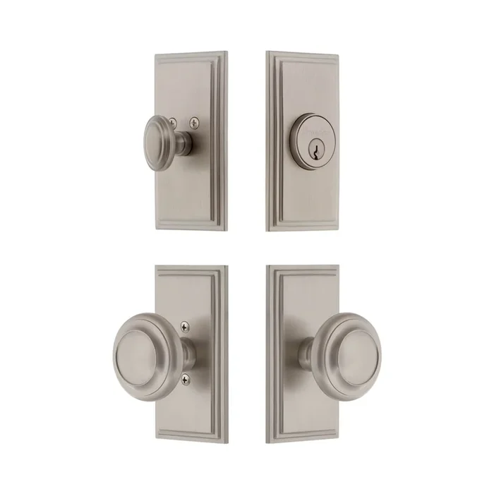 Carre Short Plate Entry Set with Circulaire Knob – Satin Nickel