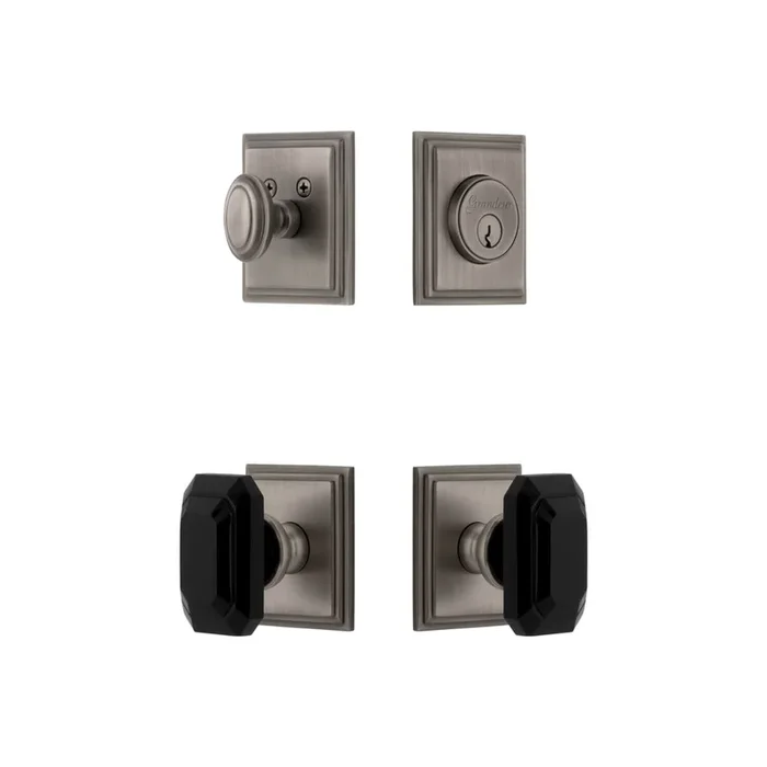 Carre Square Rosette Entry Set with Baguette Black Crystal Knob – Antique Pewter