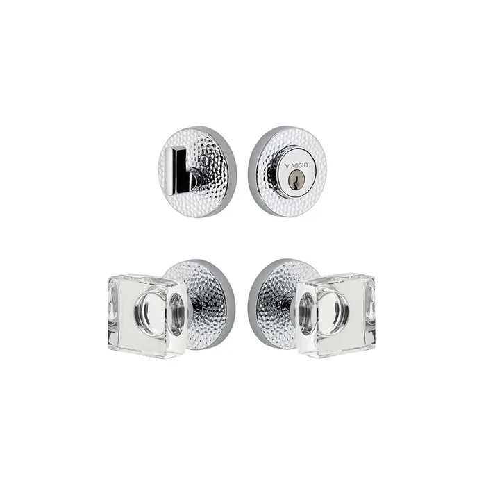 Circolo Hammered Rosette Entry Set with Quadrato Crystal Knob – Bright Chrome