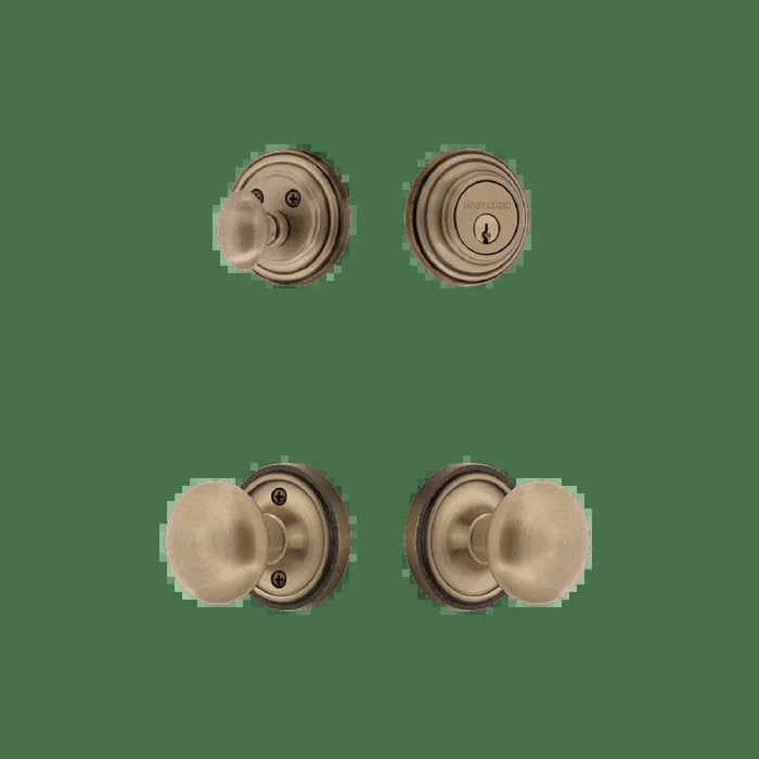 Classic Rosette Entry Set with New York Knob in Antique Brass