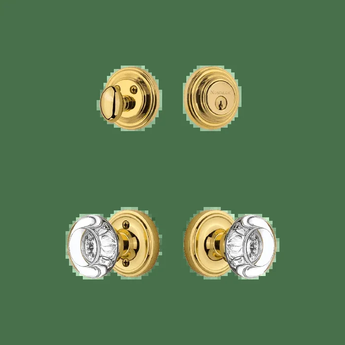 Classic Rosette Entry Set with Round Clear Crystal Knob – Polished Brass