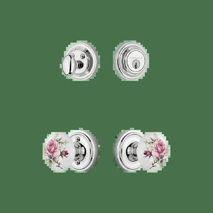 Classic Rosette Entry Set with White Rose Porcelain Knob – Bright Chrome