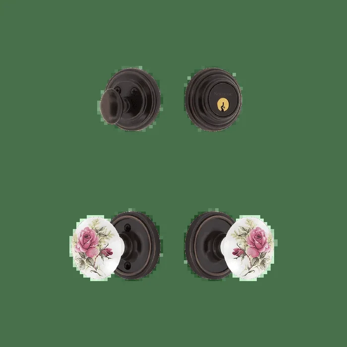 Classic Rosette Entry Set with White Rose Porcelain Knob in Timeless Bronze