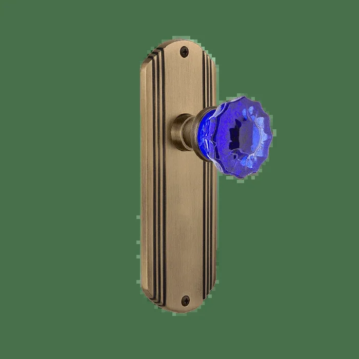 Deco Long Plate with Cobalt Crystal Knob in Antique Brass – Nostalgic Vintage Door Hardware