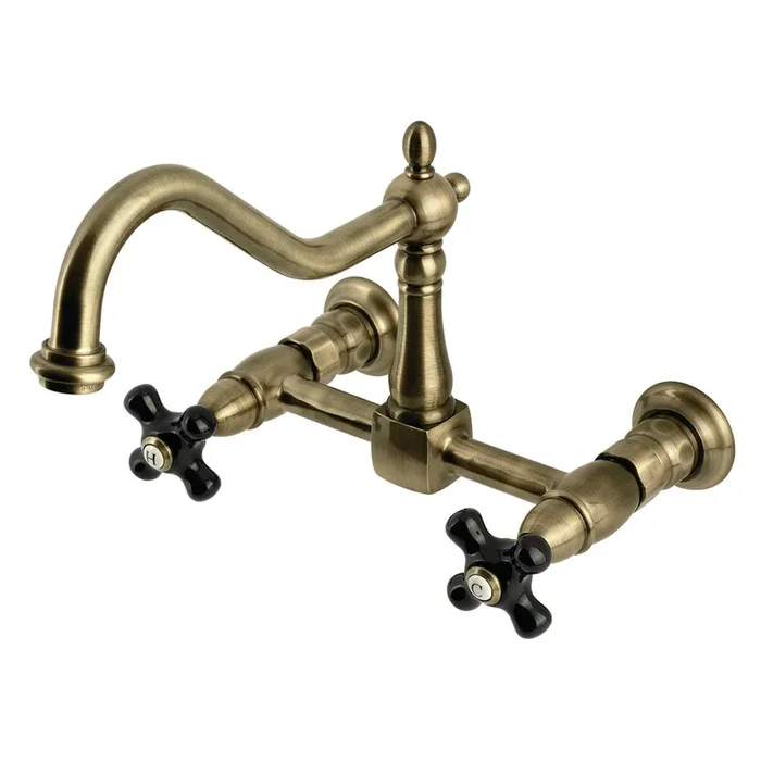 Duchess Double-Handle Wall-Mount Bridge Kitchen Faucet – Antique Brass by Kingston Brass