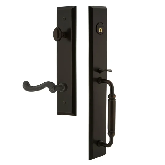 Fifth Avenue One-Piece Handleset with C Grip and Newport Lever – Timeless Bronze