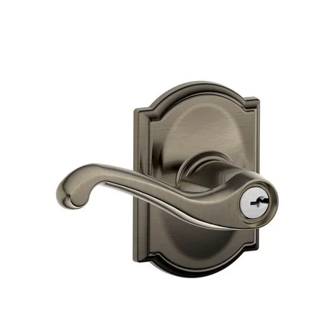 Flair Lever with Camelot Rose Keyed Entry Lock – Antique Nickel Finish