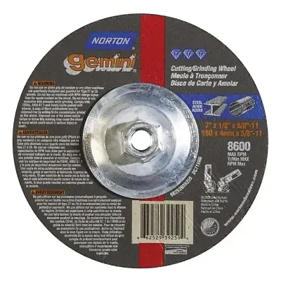 Gemini Depressed Center Wheel, 7″ Dia, 1/8″ Thick, 5/8″ Arbor, 24 Grit