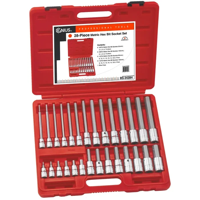 Genius Tools 28 Piece 3/8″ & 1/2″ Dr. Metric Hex Bit Socket Set – BS-3428H