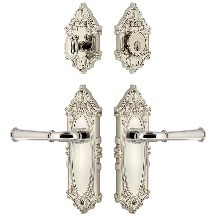 Grande Victorian Long Plate Entry Set with Georgetown Lever in Polished Nickel – Left Handed Door Handing