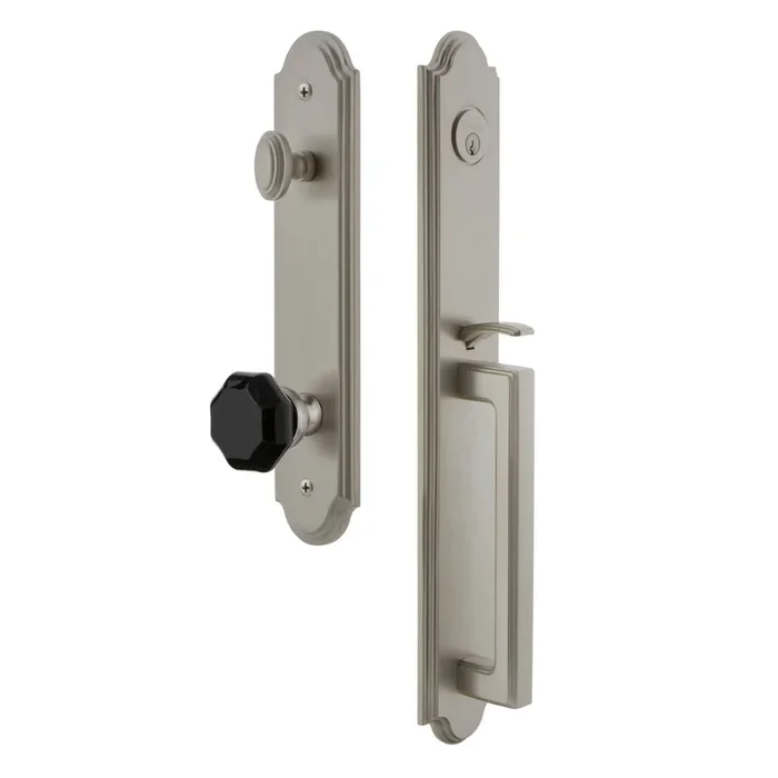 Grandeur Arc One-Piece Handleset with D Grip and Lyon Knob – Satin Nickel