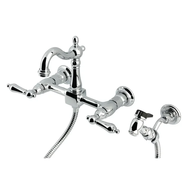 Heritage Double-Handle Wall-Mount Bridge Kitchen Faucet with Brass Sprayer, Polished Chrome | Kingston Brass