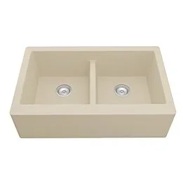 Karran Quartz QA 34″ x 21-1/4″ x 9-1/4″ Apron Front Double Equal Bowl, 50/50 Quartz Composite Kitchen Sink in Bisque