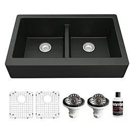 Karran Quartz QAR 34″ x 21-1/4″ x 6-1/2″ Retrofit Farmhouse/Apron Front Double Equal Bowl, 50/50 Quartz Composite Kitchen Sink in Black with Accessories