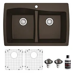 Karran Quartz QT 34″ x 22″ x 9″ Topmount Double Equal Bowl, 50/50 Quartz Composite Kitchen Sink in Brown with Accessories