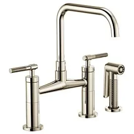 LITZE Double Handle Bridge Faucet with Square Spout and Knurled Handle, Polished Nickel