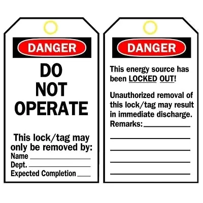 Lockout Tag, 3 in W x 5-3/4 in H, Polyester, Danger, Do Not Operate, Includes Reverse Side, Black/Red on White