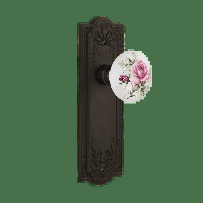 Meadows Long Plate with White Rose Porcelain Knob – Oil-Rubbed Bronze
