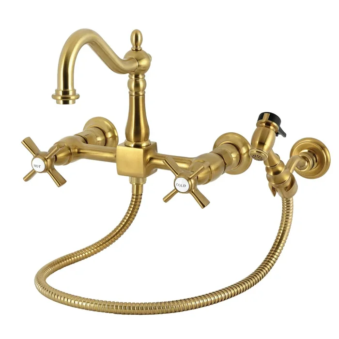Millennium Double-Handle Wall-Mount Bridge Kitchen Faucet with Brass Sprayer, Brushed Brass