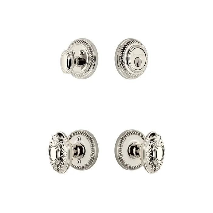Newport Rosette Entry Set with Grande Victorian Knob – Polished Nickel