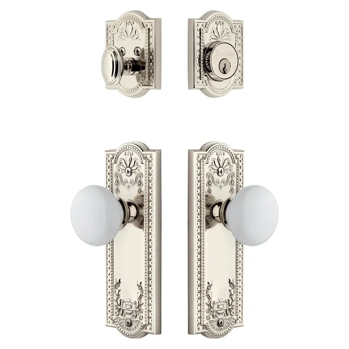 Parthenon Long Plate Entry Set with Hyde Park Knob – Polished Nickel