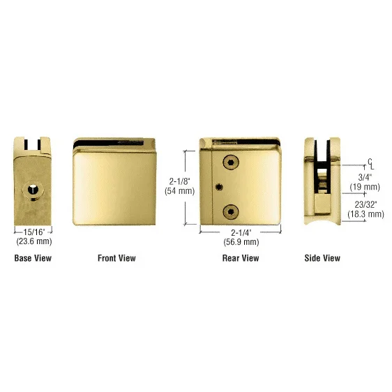 Polished Brass Z-Series Square Type Radius Base Zinc Clamp for Glass | C.R. Laurence