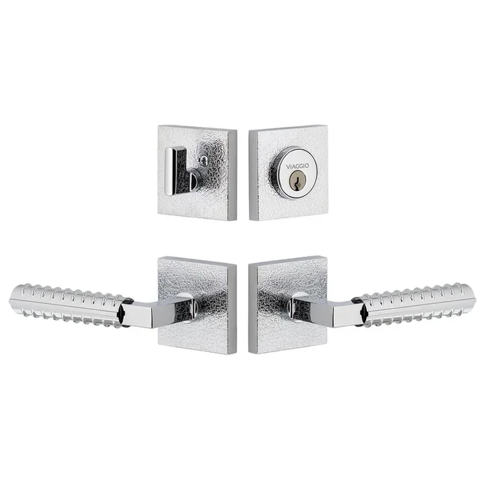 Quadrato Leather Rosette Entry Set with Contempo Rebar Lever – Bright Chrome Finish