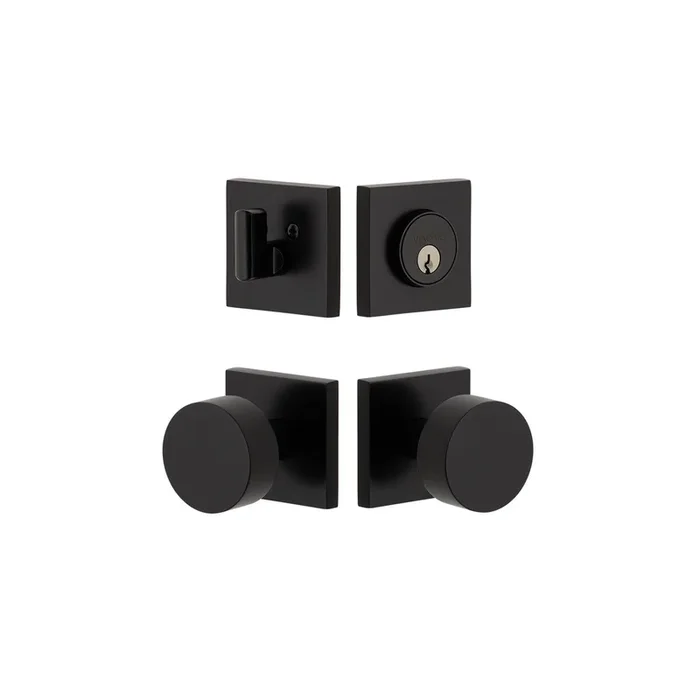 Quadrato Rosette Entry Set with Circolo Knob in Satin Black – Luxury Door Hardware