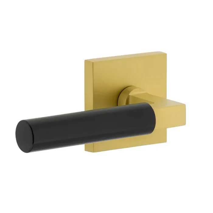 Quadrato Rosette in Satin Brass with Satin Black Contempo Smooth Lever – Privacy Door Hardware