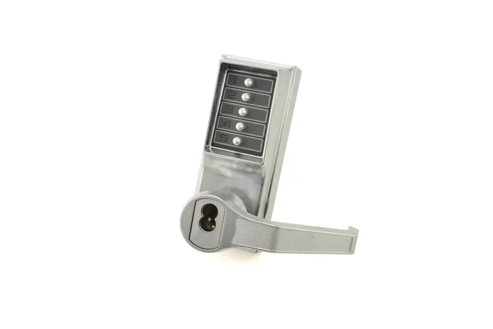 Right Hand Reverse Mechanical Pushbutton Lever Mortise Combination Entry Passage Lockout with Key Override Prep – Satin Chrome Finish