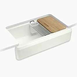 Riverby 35-3/4″ undermount single-bowl farmhouse workstation kitchen sink in Dune