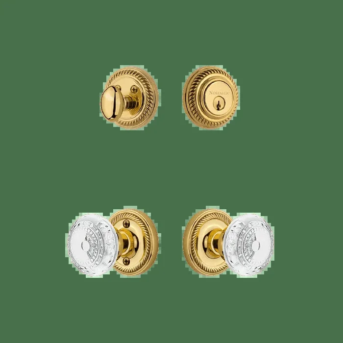 Rope Rosette Entry Set with Crystal Meadows Knob in Polished Brass