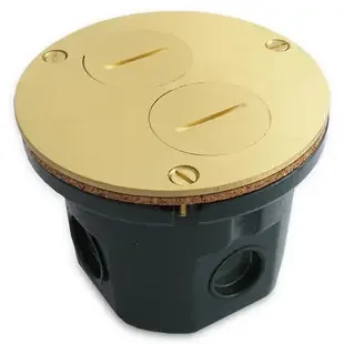 Round 4″ Floor Box Assembly Duplex Outlet Brass Cover