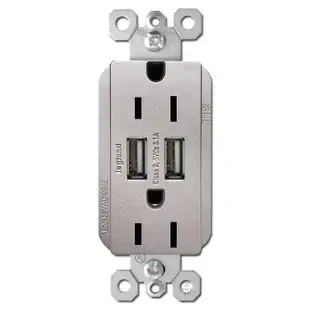 USB Receptacle Dual Charger 2 Port 2 Plug 15A – Nickel