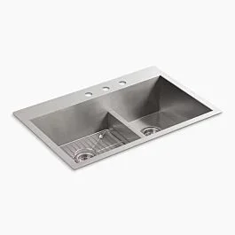 Vault Smart Divide® 33″ top-/undermount double-bowl kitchen sink with 3 Faucet Holes in Stainless Steel