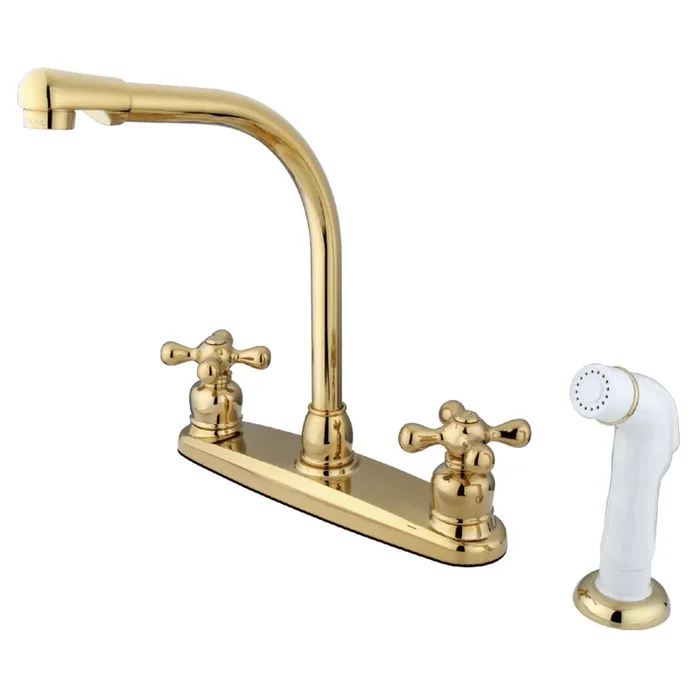Victorian Double-Handle 8″ Centerset Kitchen Faucet with Side Sprayer – Polished Brass