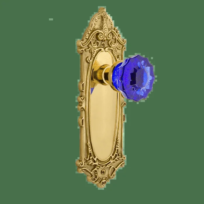 Victorian Long Plate with Cobalt Crystal Knob – Polished Brass