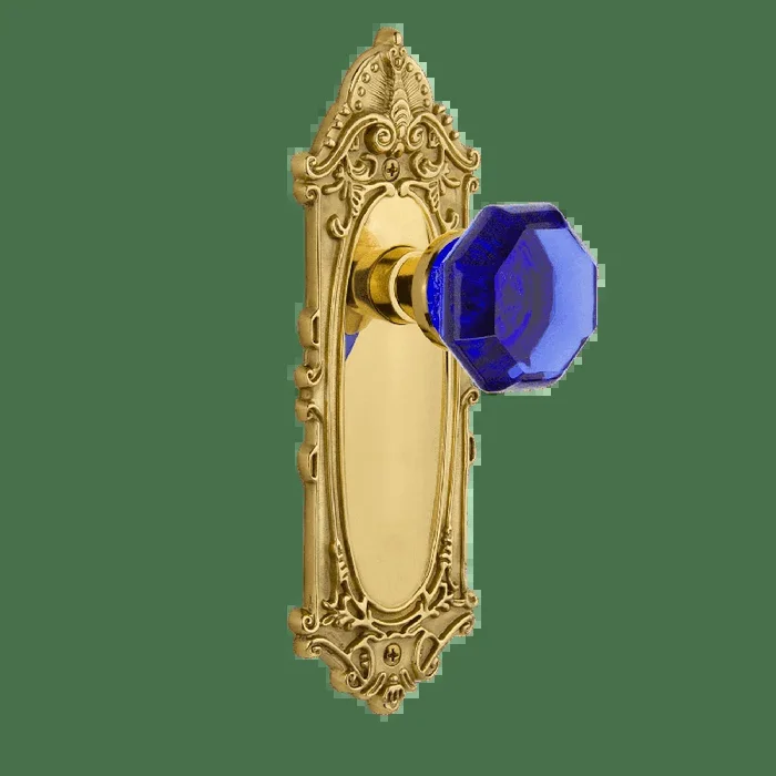 Victorian Long Plate with Cobalt Waldorf Knob – Unlacquered Brass