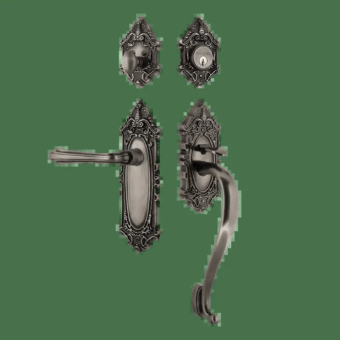 Victorian Plate S Grip Entry Set Fleur Lever in Antique Pewter