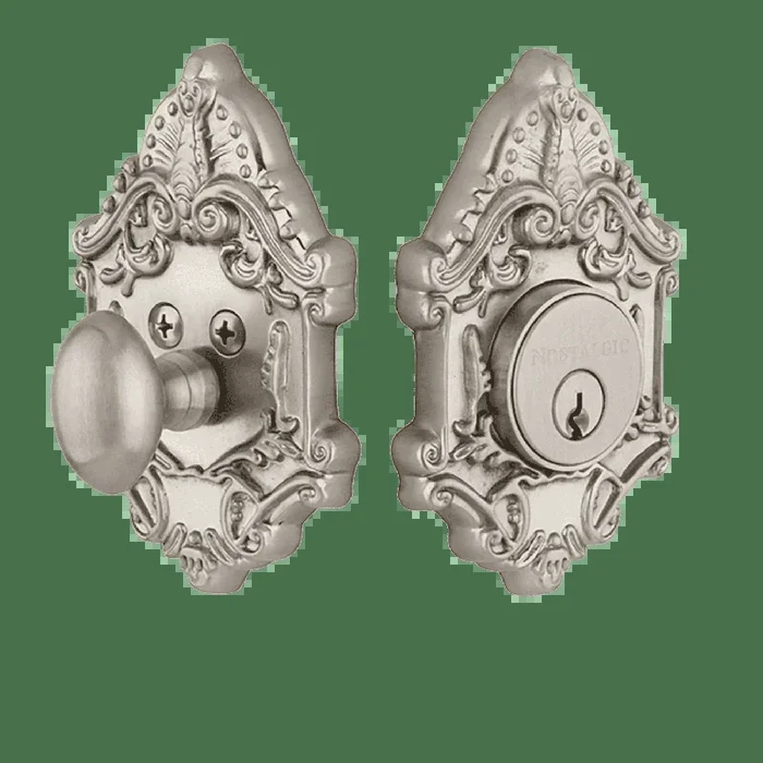Victorian Plate Single Cylinder Deadbolt in Satin Nickel – Nostalgic Vintage Door Hardware