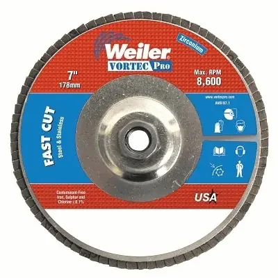 Vortec Pro Abrasive Flap Discs, 7″, 60 Grit, 5/8 Arbor, 8,600 rpm, Alum Back